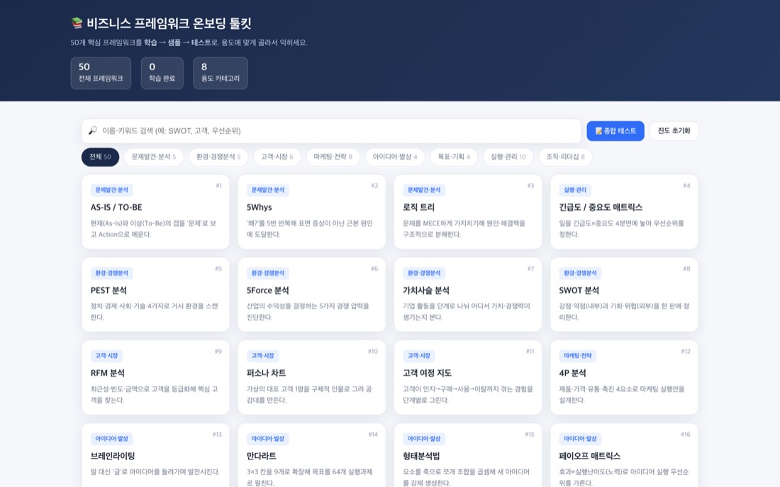 비즈니스 프레임워크 온보딩 툴킷 실행 화면